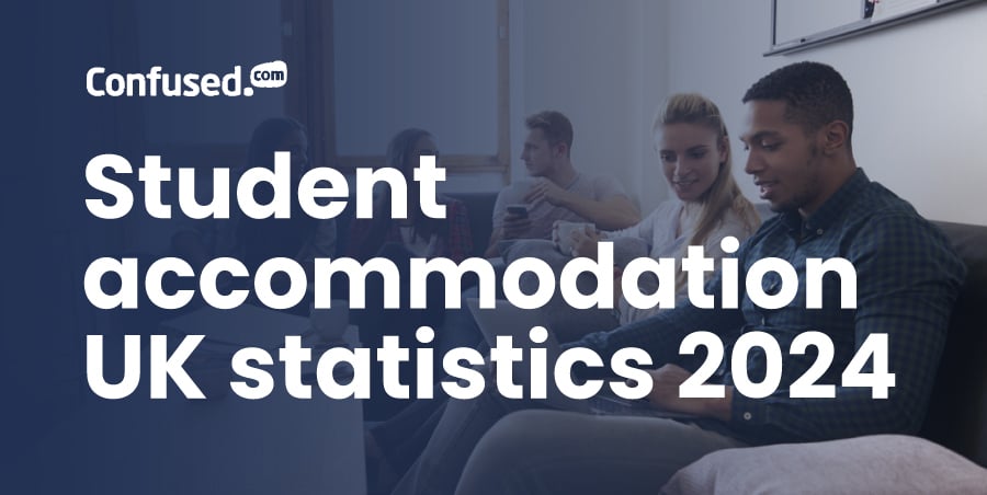 Feature image with the title Student accommodation UK statistics 2024 and a group of people sitting on sofas.