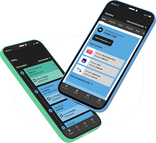 Two phones with the Confused.com app being displayed