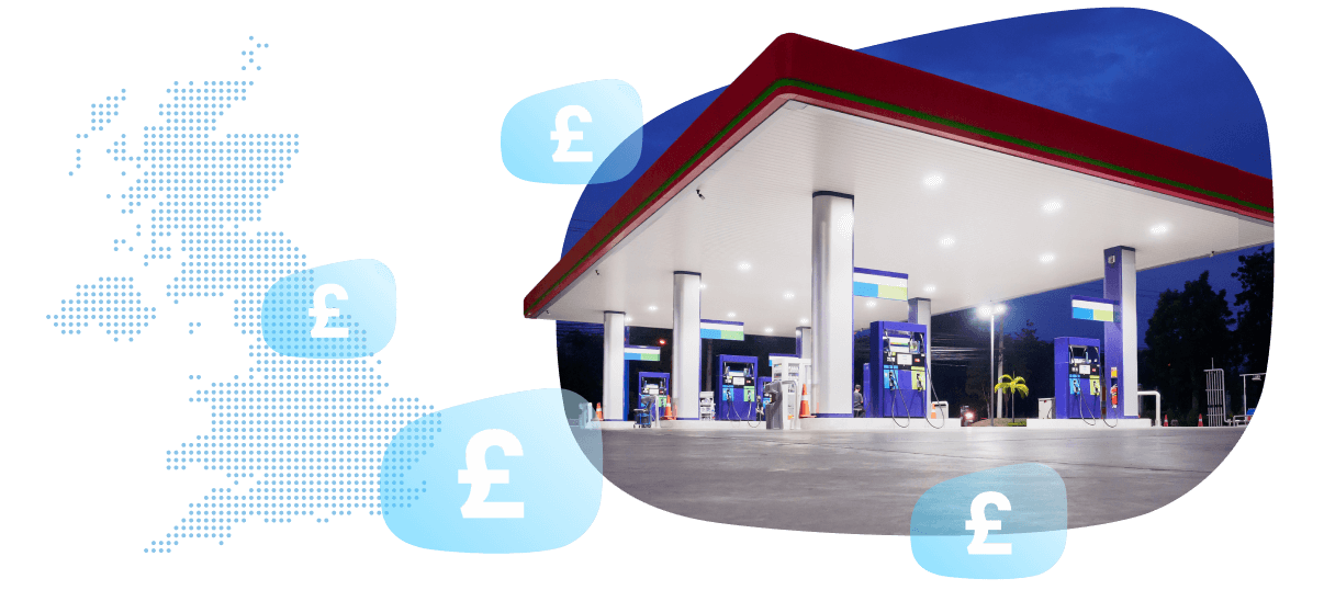 Map of the UK with a picture of a petrol station next to it