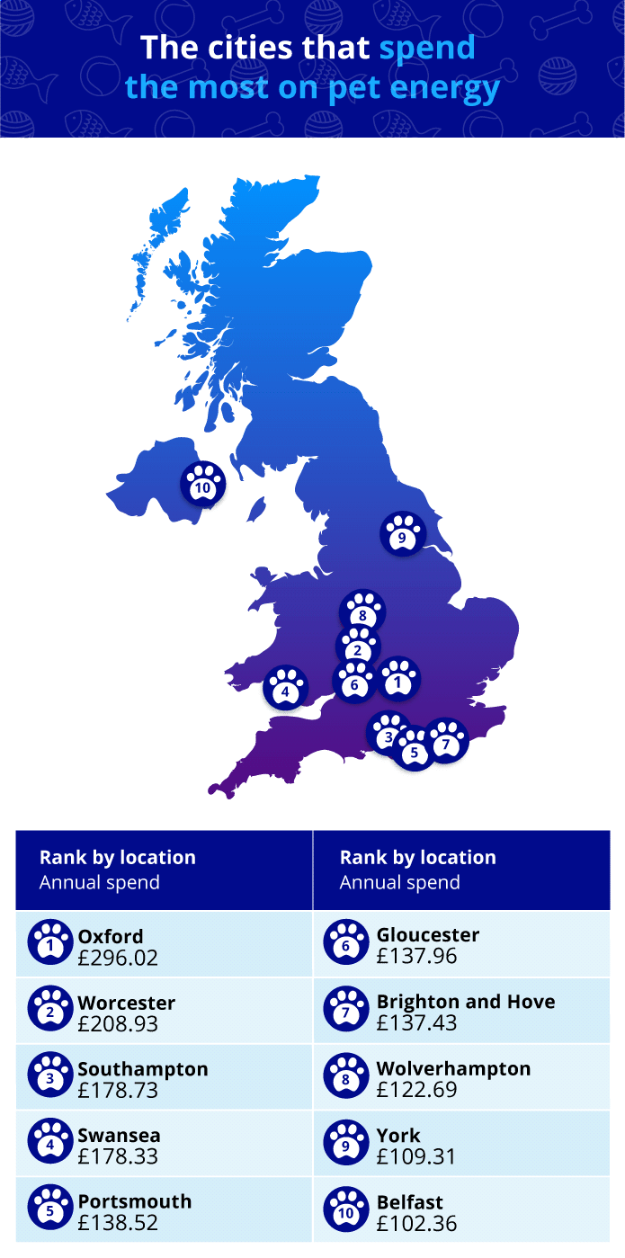 Map showing the cities that spend the most on pet energy