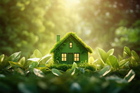 An illustration of a home surrounded by greenery