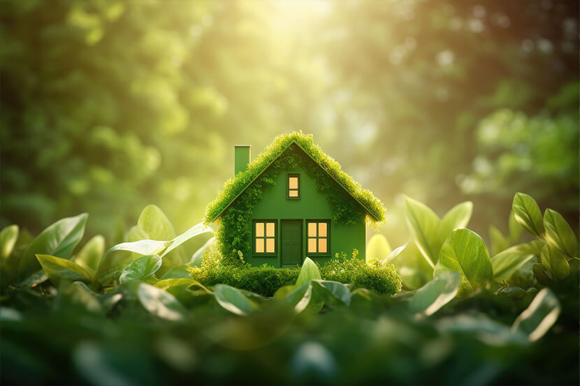 An illustration of a home surrounded by greenery