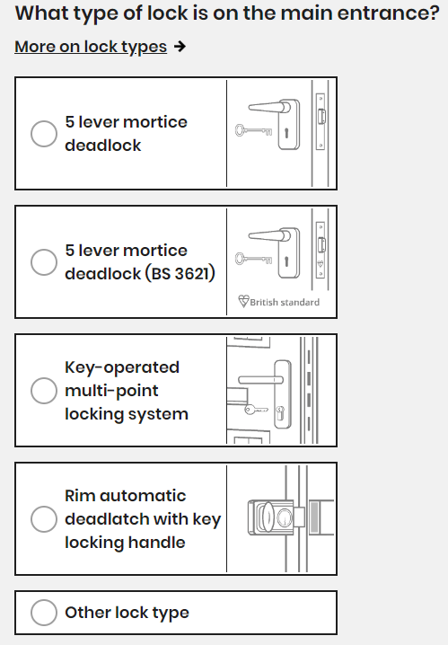 Illustration from the Confused.com home insurance quote process showing the different types of door locks