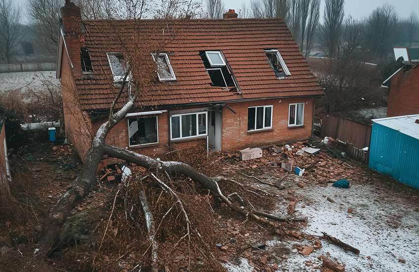 a house damaged by a fallen tree