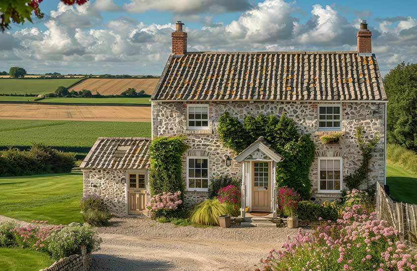 a farmhouse surrounded by fields