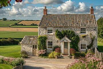 a farmhouse surrounded by fields