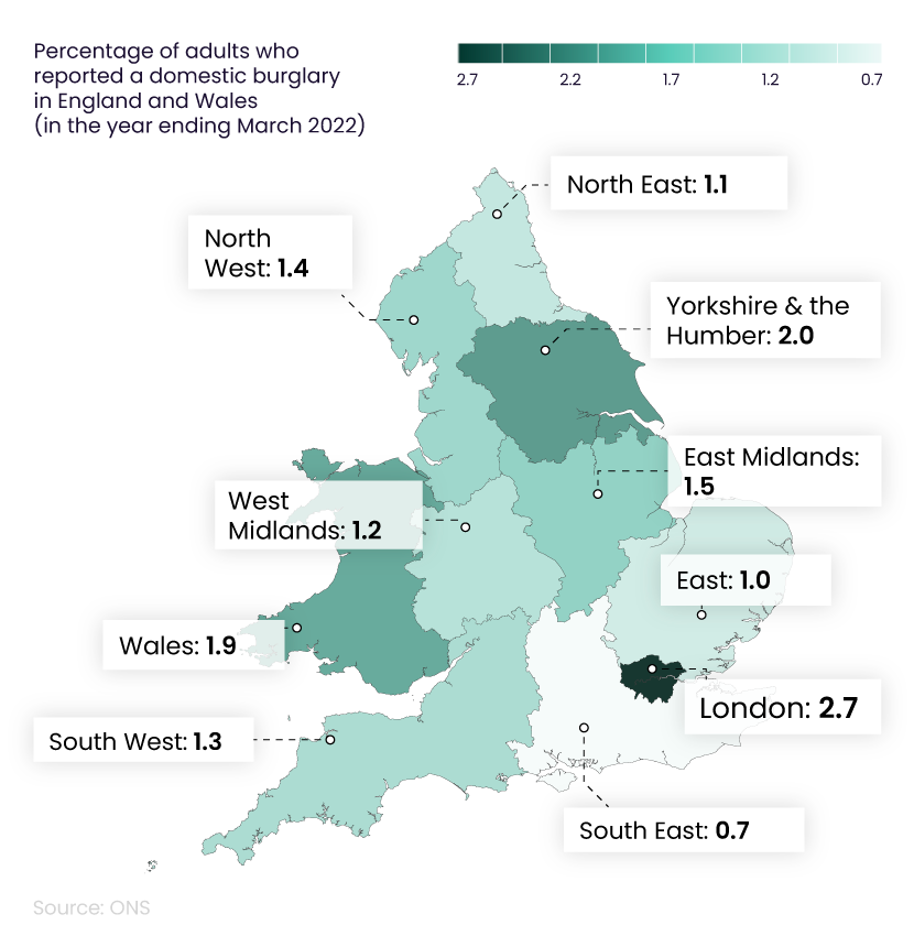 Shaded map of England and Wales showing home burglary statistics by regions 2022