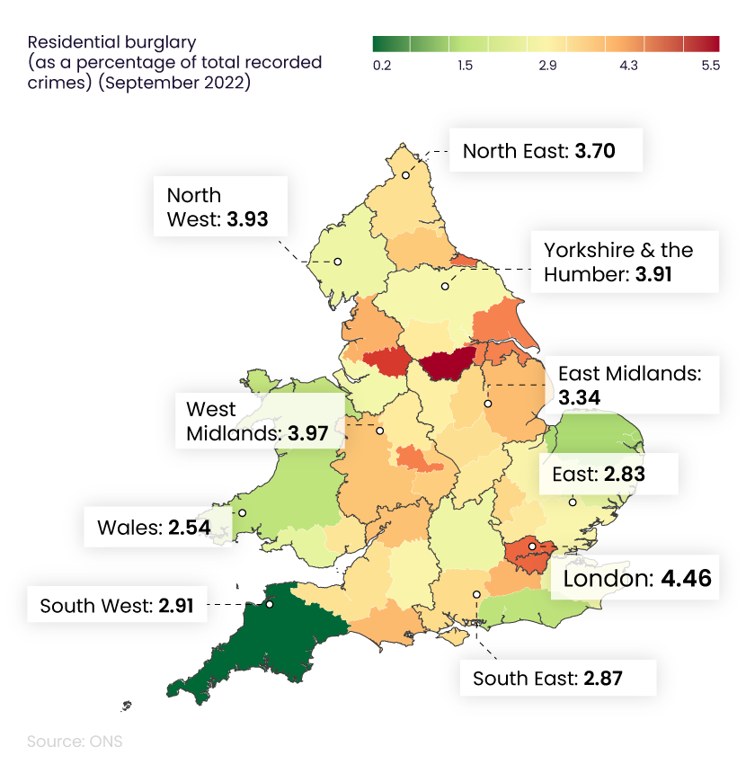Shaded map of England and Wales showing home burglary statistics by police forces and regions 2022