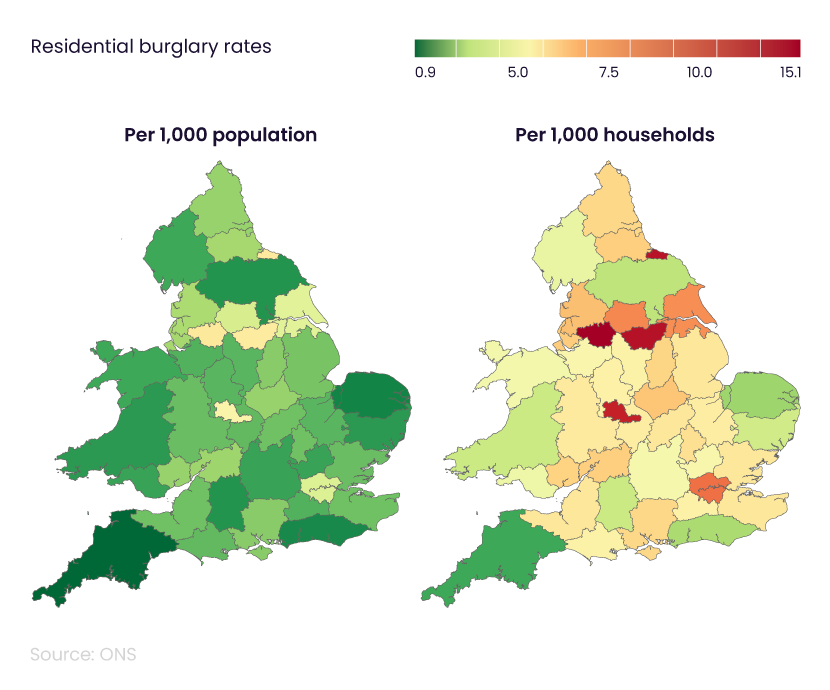 Shaded maps of England and Wales showing home burglary statistics showing residential burglary rate per 1,000 population and per 1,000 households by police forces and regions in 2022