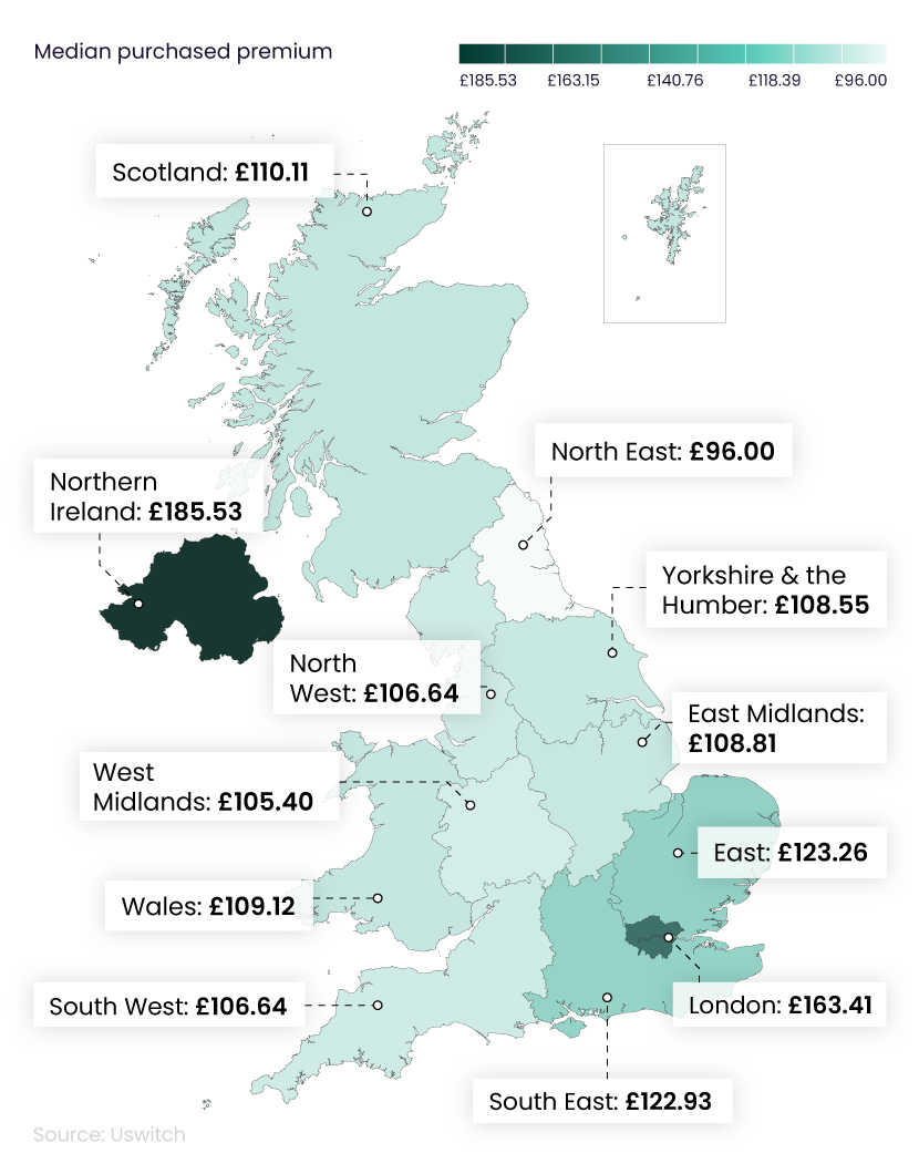 A map graphic showing the median average cost of home insurance in the UK by region.