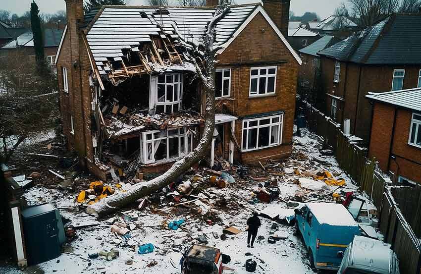 a damaged house with a fallen tree on top of it