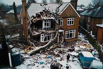 a damaged house with a fallen tree on top of it