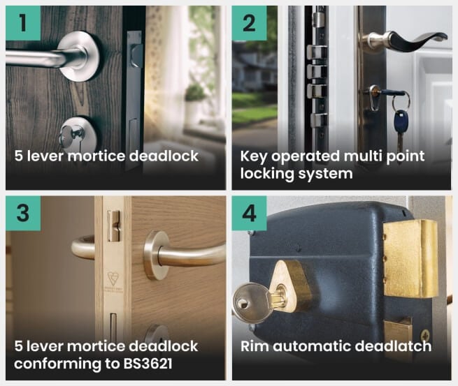The 4 types of lock types: 5 lever mortice deadlock, 5 lever mortice deadlock conforming to BS3621, key operated multi point locking system and rim automatic dead latch