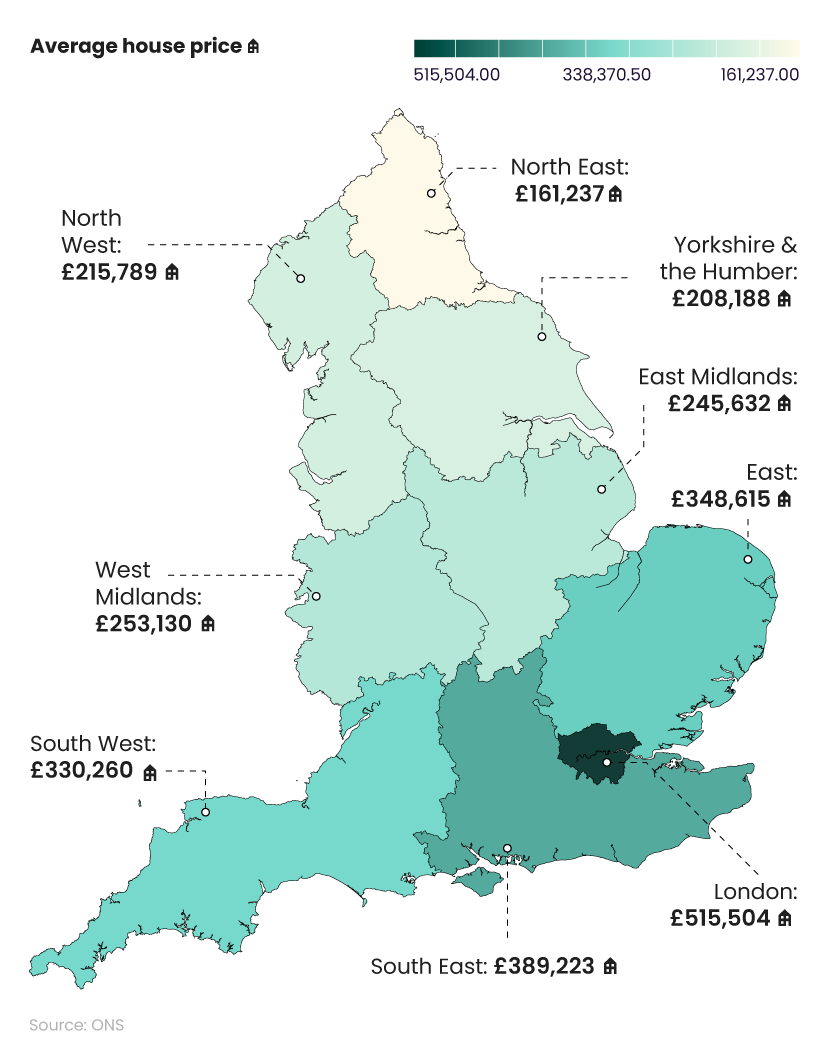 Shaded map graphic breaking down the average UK house price by region in October 2023.