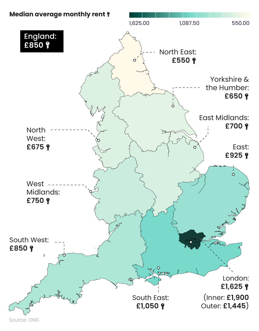 Map graphics showing the median average monthly rent across England in 2023.