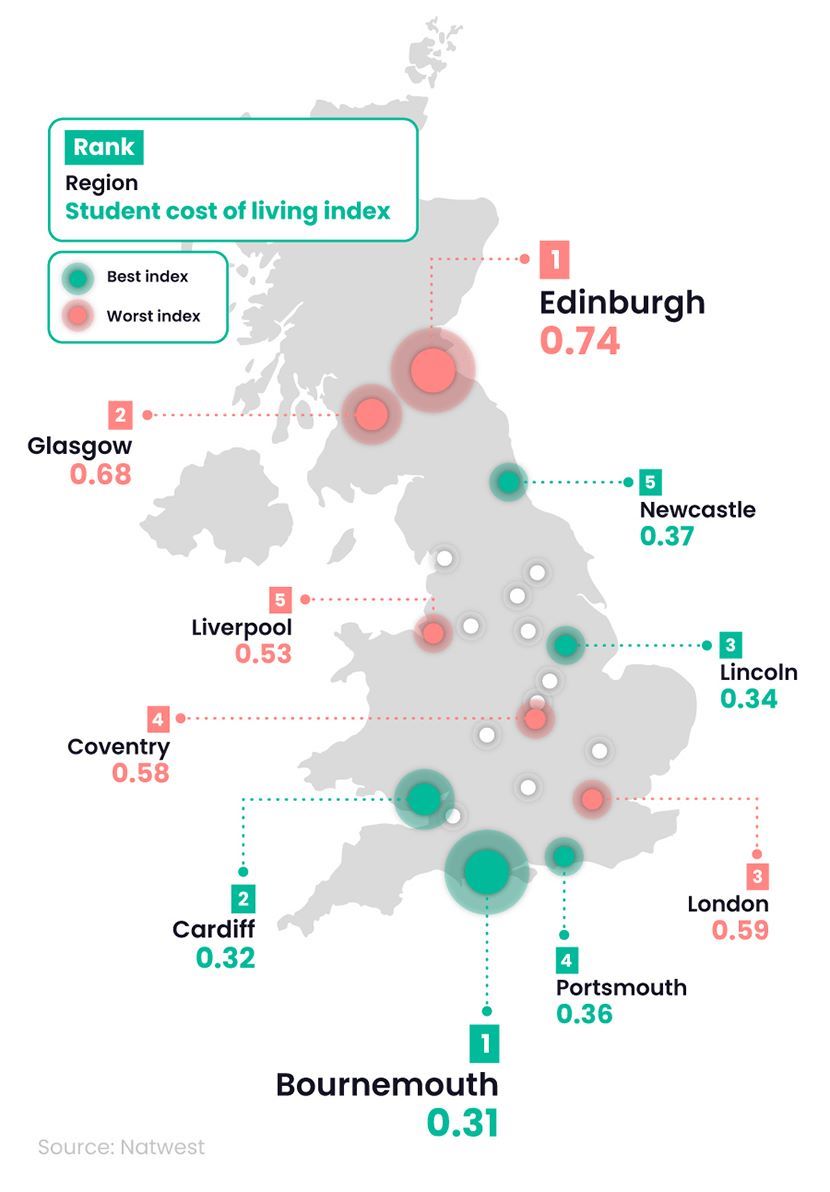 Map of the UK showing average student cost of living statistics for UK universities in 2023
