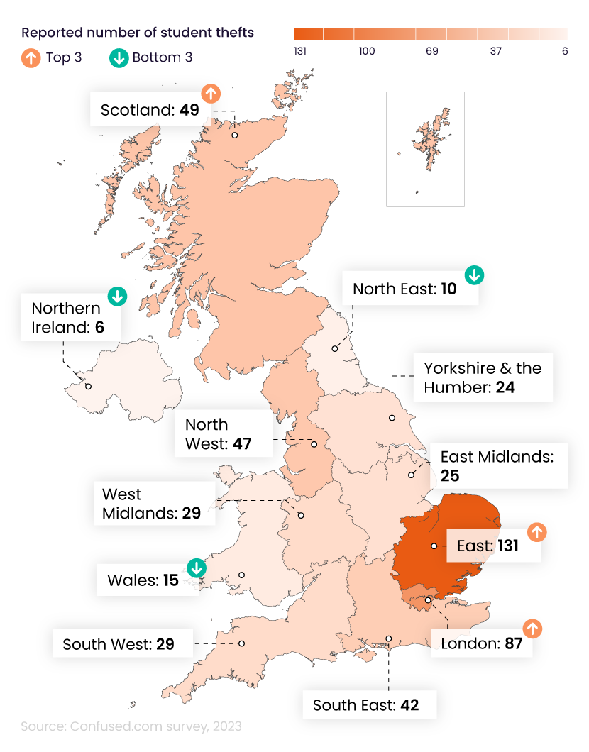 Shaded UK map showing university student theft statistics by UK region