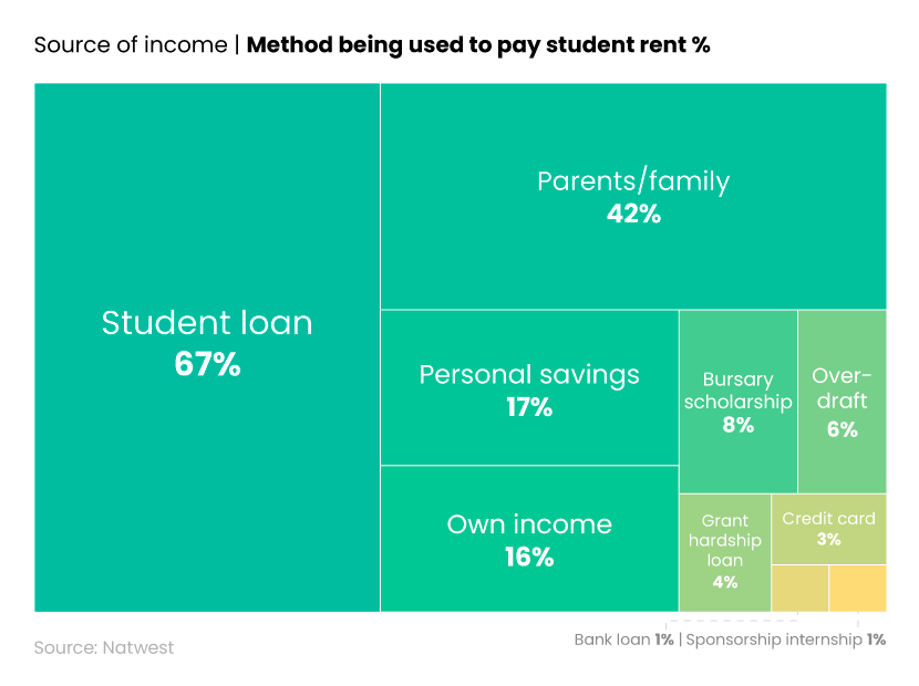 Tree map showing the main method for paying student rent while at university in the UK