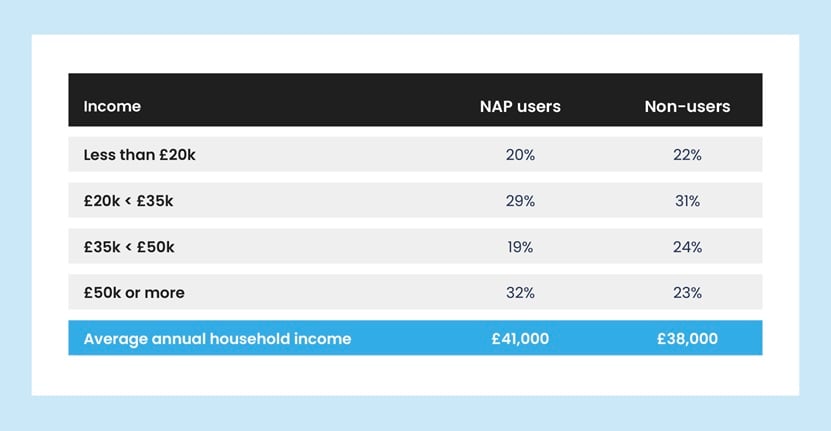 A light blue and grey table outlining the average annual household income for NAP users and non-users