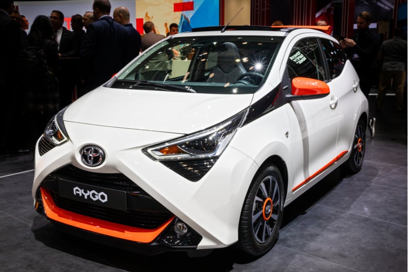 A Toyota Aygo in a showroom