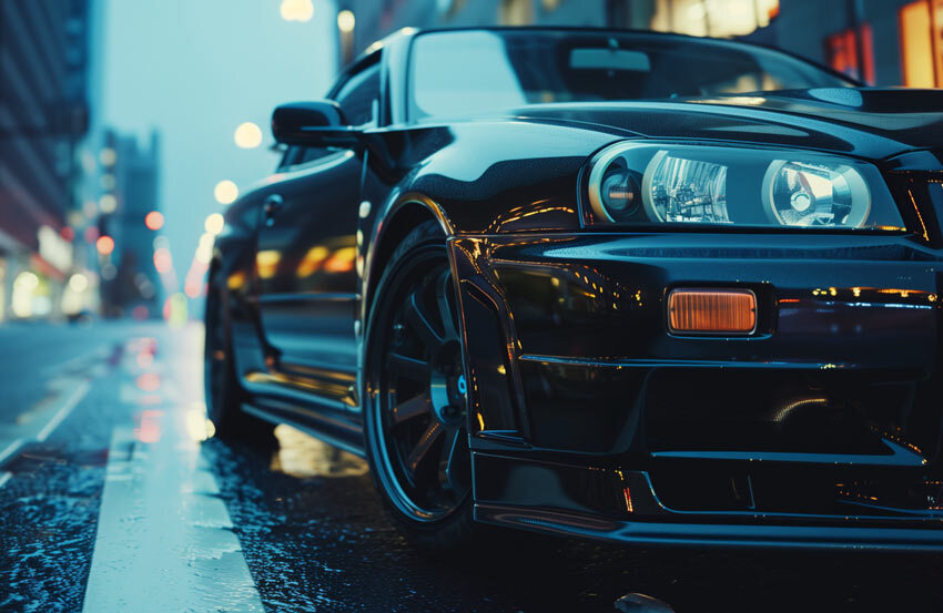 Futuristic looking car in foreground with modern cityscape in background