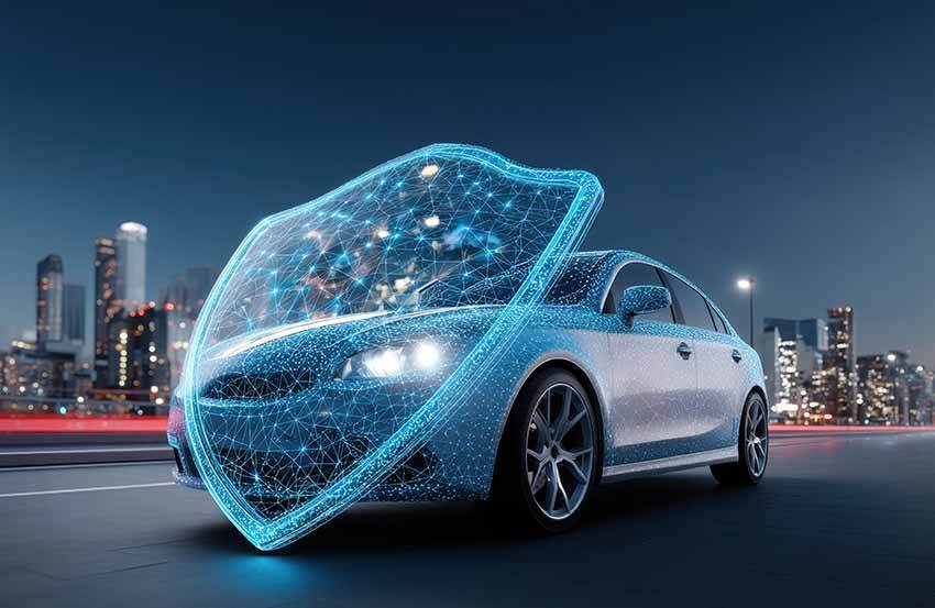Futuristic digital-looking shield protecting a car with cityscape in the background