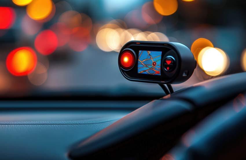 Radar detector mounted on a car dashboard