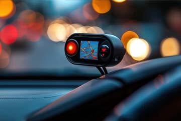 Radar detector mounted on a dashboard with soft focus lights in the background