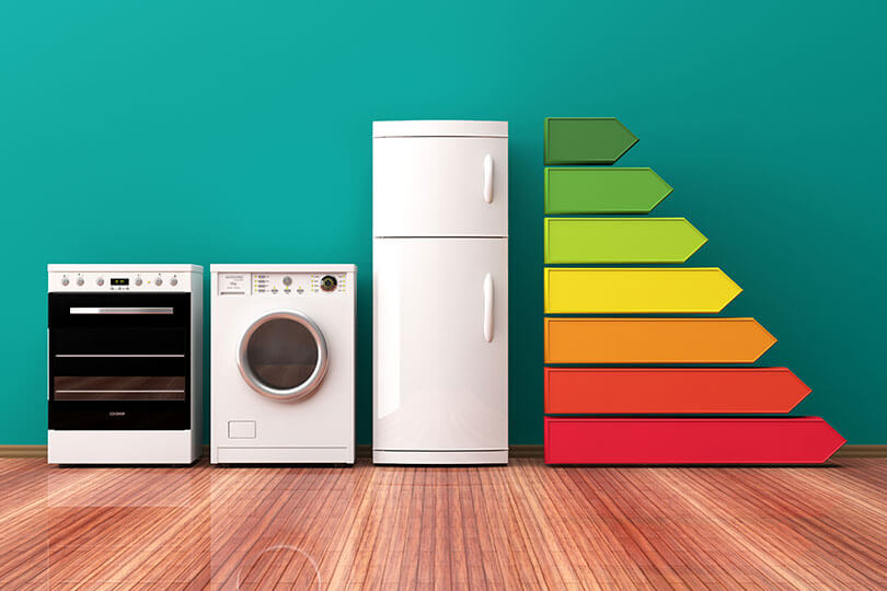 An oven, washing machine and fridge-freezer stood side by side, next to a graph showing energy efficiency ratings