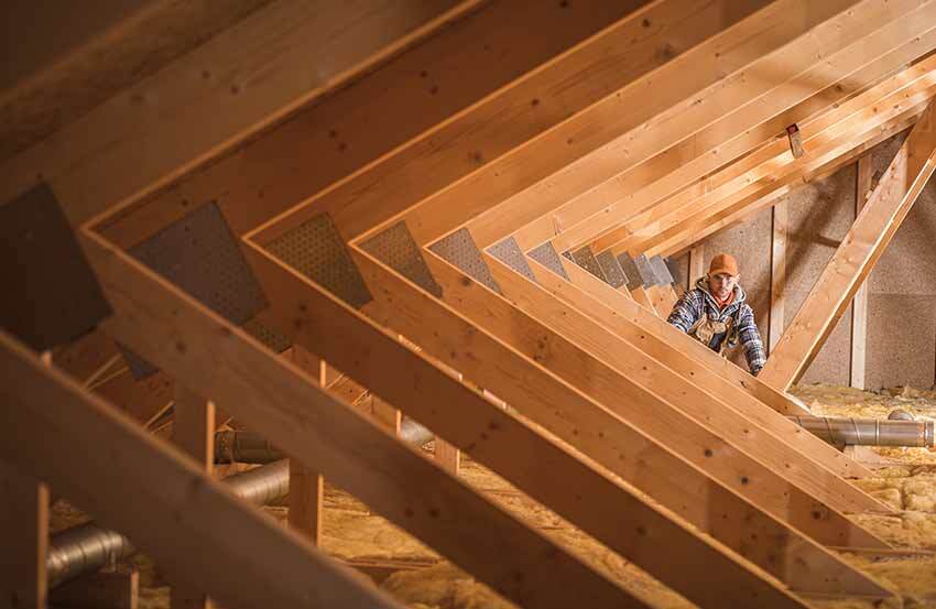 Worker inspecting the timber frame in a house's attic
