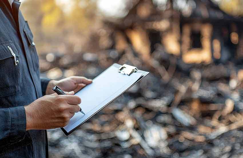 A person stood holding a clipboard in front of a house destroyed by fire