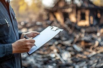 A person holding a clipboard stood in front of a house destroyed by fire