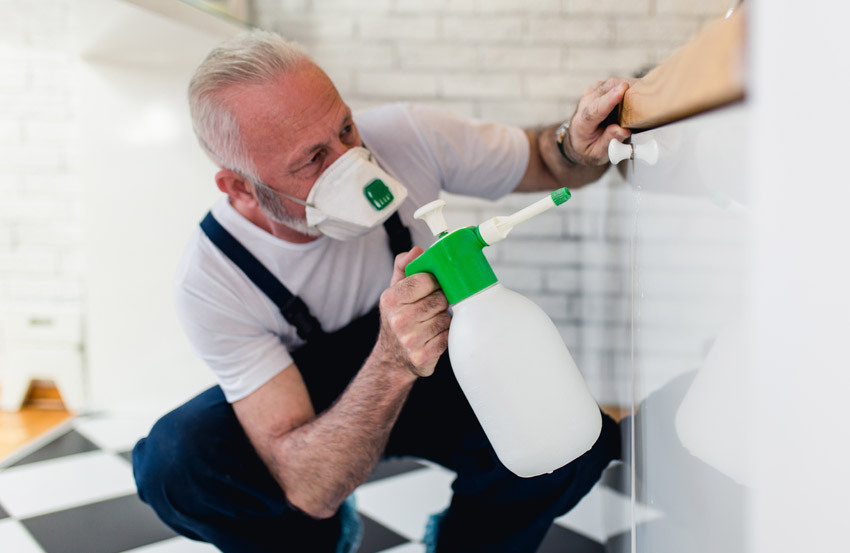 Pest control man with mask and spray bottle