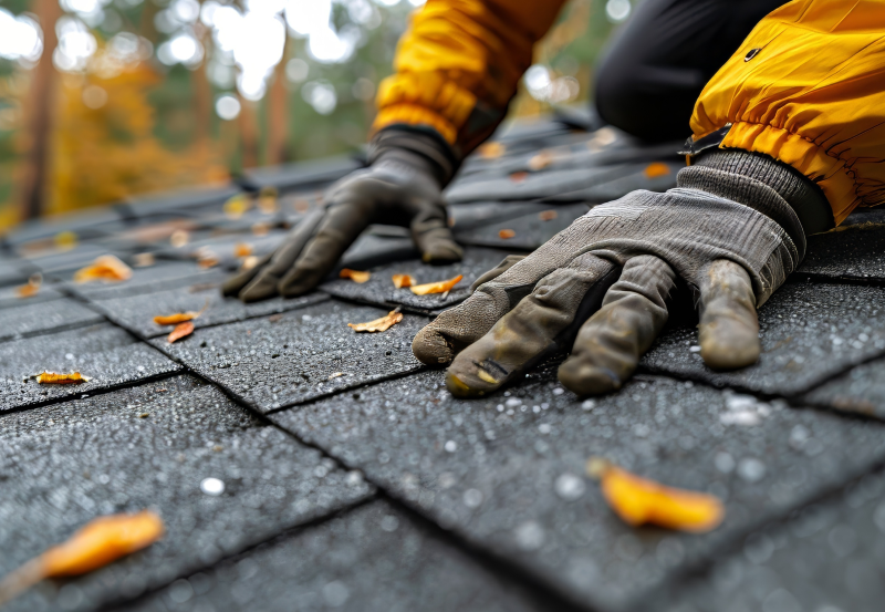 Person on roof assessing damage