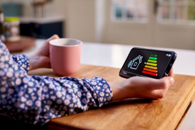 Woman holding a mug in one hand and a smart meter in another