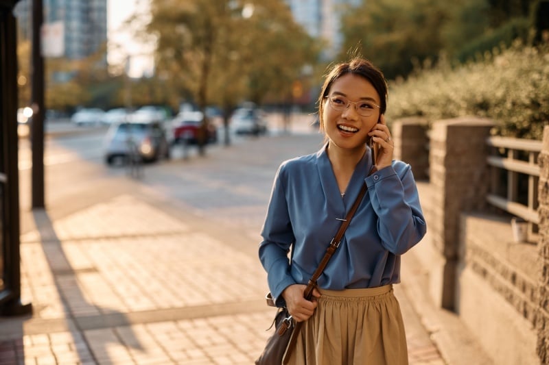 Women holding phone walking down street