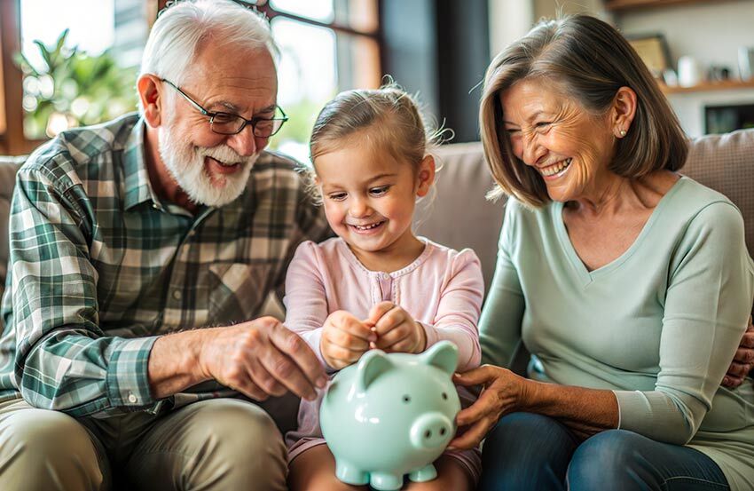 A cheerful older couple, grandparents, relax on a couch with their young granddaughter, enjoying family time.