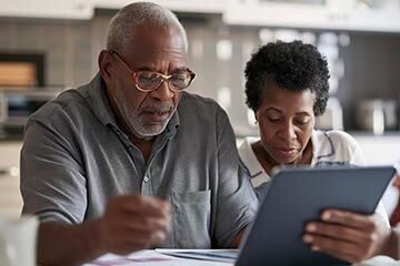 An older couple smiles while looking at a tablet together, sharing a moment of connection and discovery