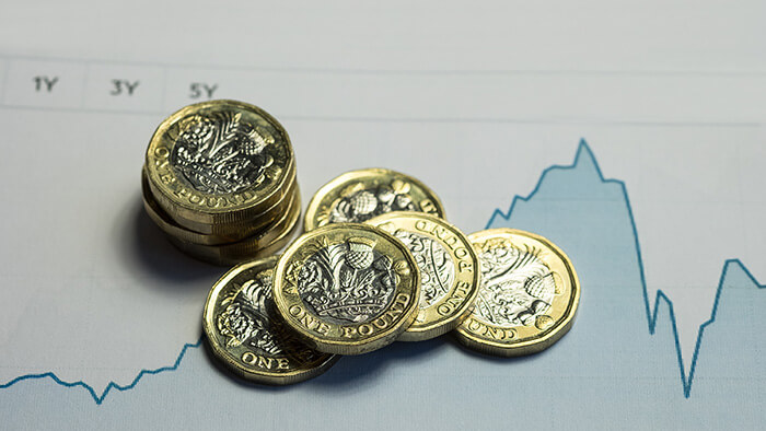 A stack of pound coins on a background showing financial trends