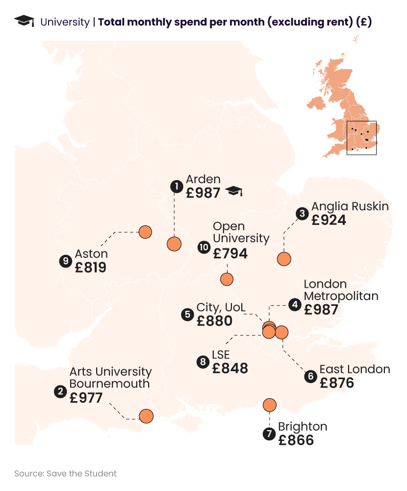 Map graphic showing the universities with the highest cost of living
