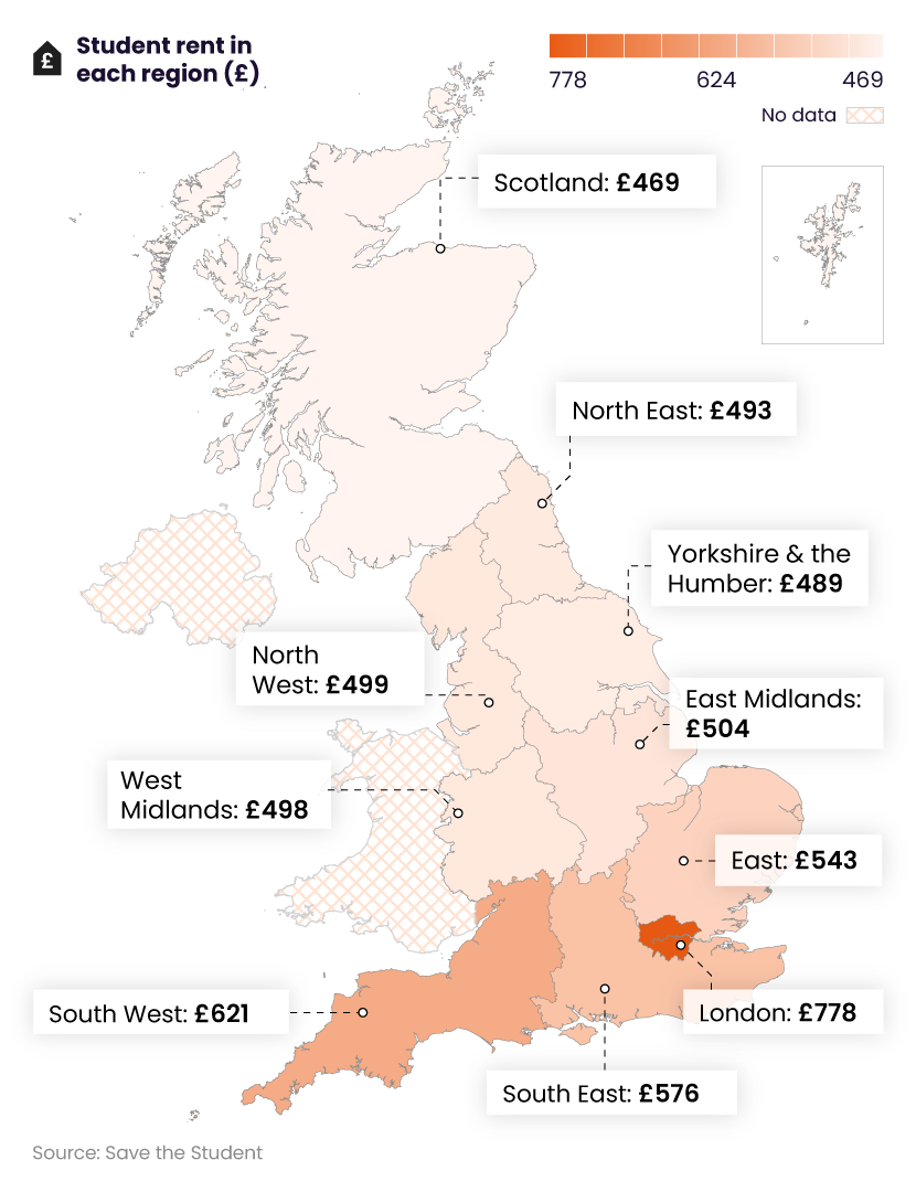 Map graphic showing the average student rent in each region