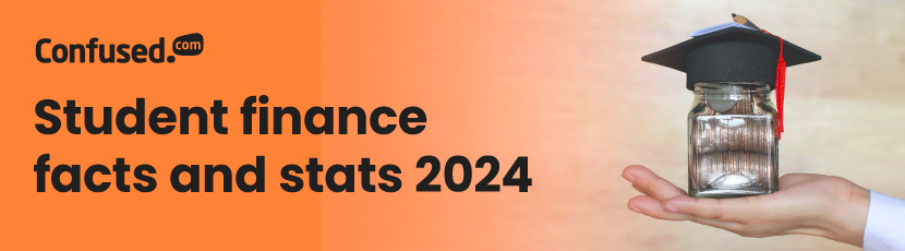 Feature image with the title "Student finance facts and stats 2024" and a person holding a glass jar with a mortar board on top