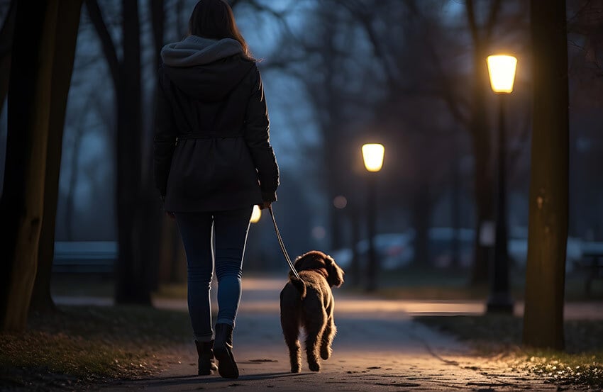 Person walking their dog at night