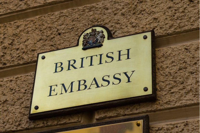 A plaque showing the British Embassy 