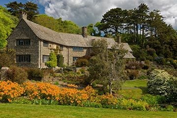 Stately home surrounded by wildflowers and plants 