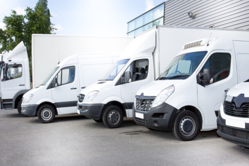 A row of sparkly white vans of all different body types