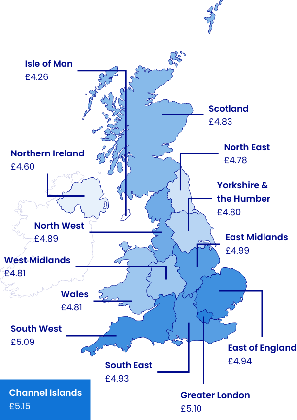 Map of the UK highlighting prices per region