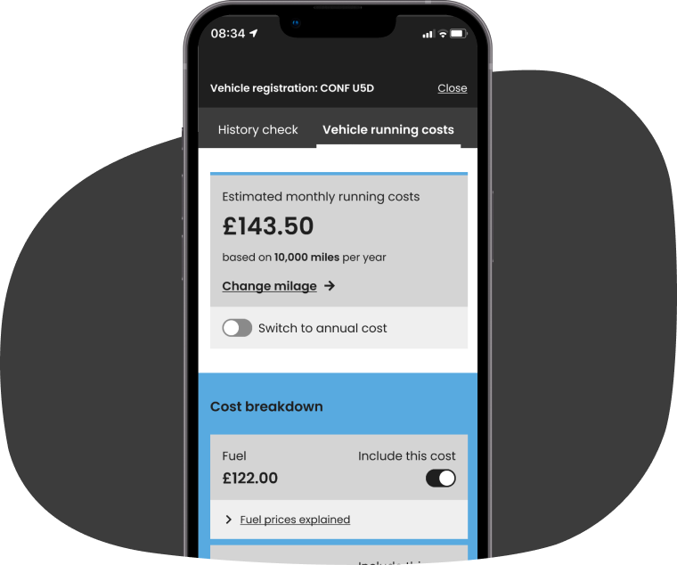 Demonstration of vehicle running costs on the Confused.com app image