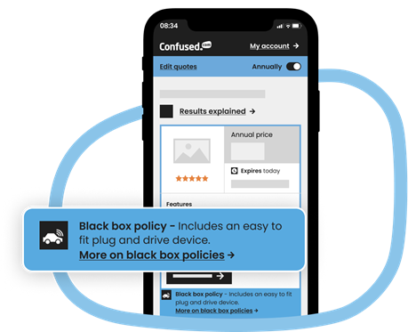 A phone screen showing the quote process with a banner highlighting the black box policy symbol enlarged