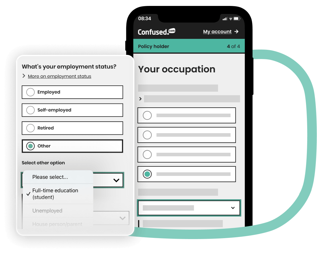 Image of a phone screen showing the home insurance quote form. The screen focuses in on the "occupation" question and shows "Full time student" being selected